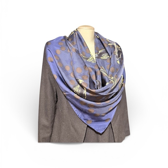 Unbranded Accessories - Elegant Blue and Gold Polka Dot Scarf Bird Print